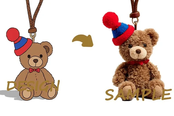 Before-and-after comparison of an illustrated bear keychain design and a physical teddy bear plush sample