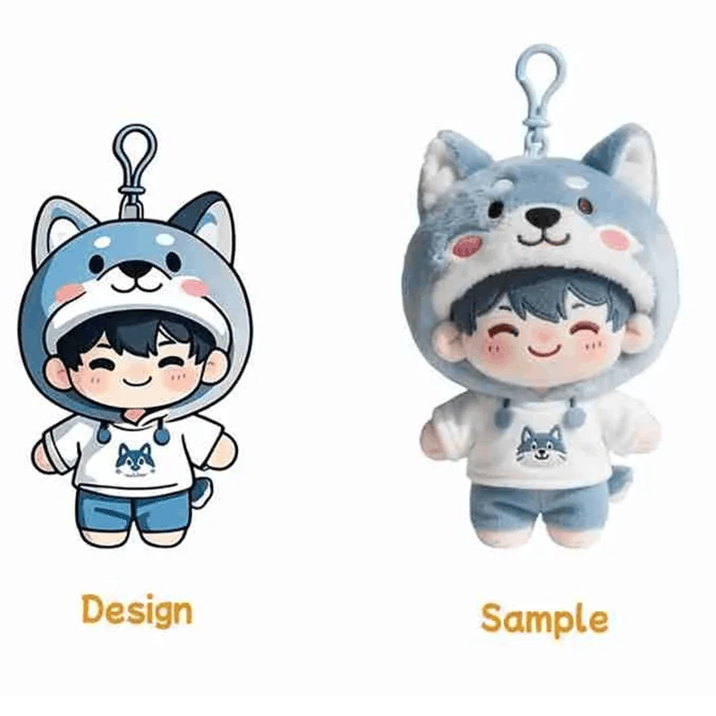 Before-and-after comparison of a dog-hoodie character drawing and its finished plush keychain sample