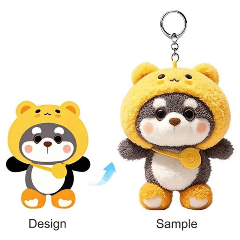 Before-and-after comparison of raccoon character artwork and corresponding plush sample