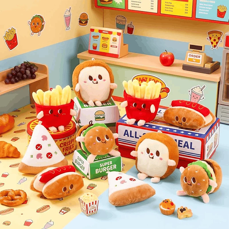 Colorful food-themed custom plush toys and characters displayed as a branded collection
