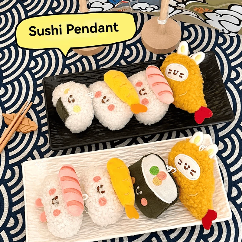 Sushi-inspired miniature plush charms with varied designs