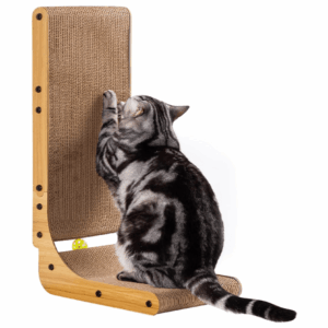 L-Shaped Cardboard Cat Scratcher for Indoor Cats – Large 26.8″ Scratch Pad to Protect Furniture with Ball Toy & Catnip