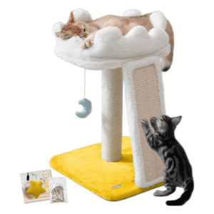 Compact Cloud Cat Tree with Sisal Scratching Post – Space-Saving Indoor Cat Tower with Soft Cloud Bed, Toys & Catnip